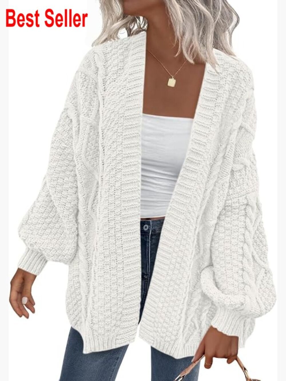 Oversized Open Front Cable Knit Cardigan with Lantern Sleeves